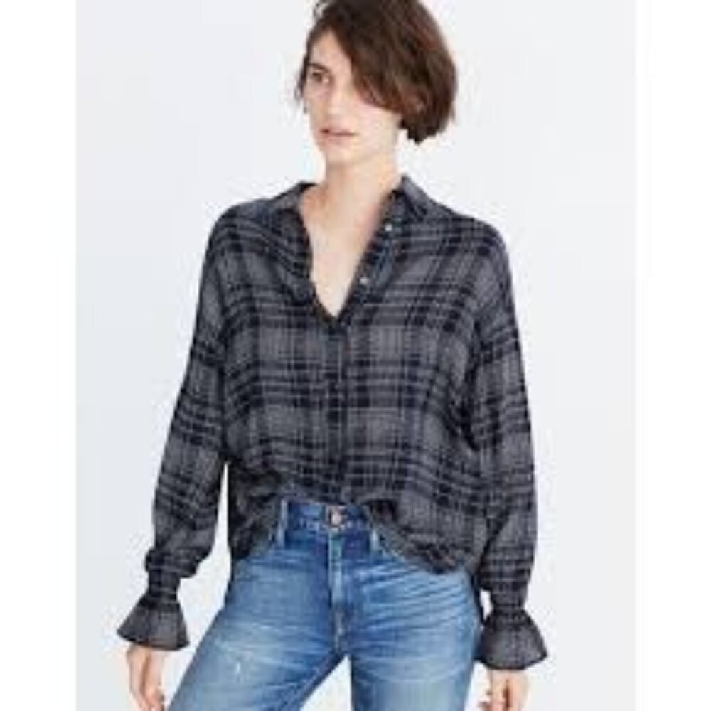 Madewell Black Gray Plaid Westward Bell-Sleeve Wool Shirt Women's Size M Casual
